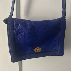 Vintage J Crew Blue Leather Handbag with Gold Accents
